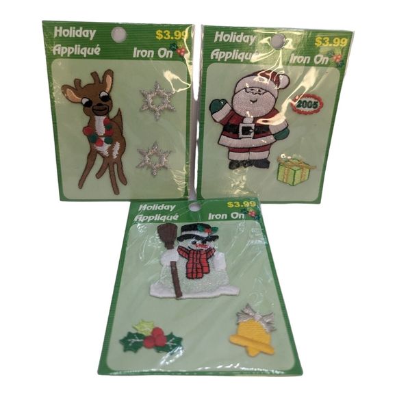 Lot of 3 VTG Iron On Holiday Appliqué Kits Christmas Santa Snowman Reindeer NOS - Picture 2 of 9